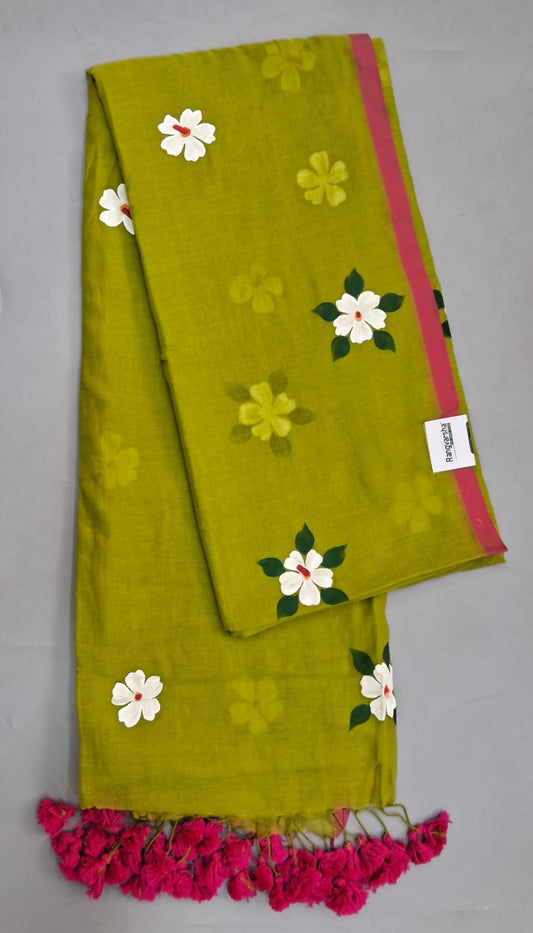 Parrot Green Khadi/Mulmul Cotton Saree