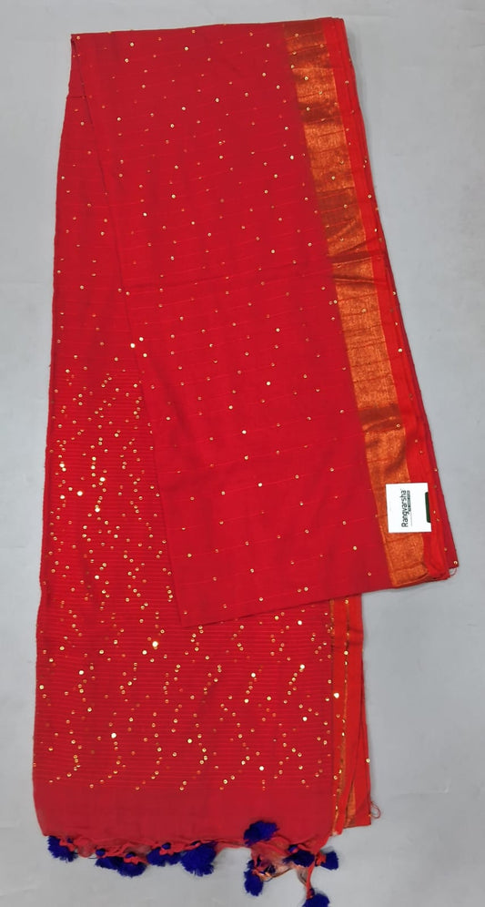 Fire Red Khadi Cotton Saree