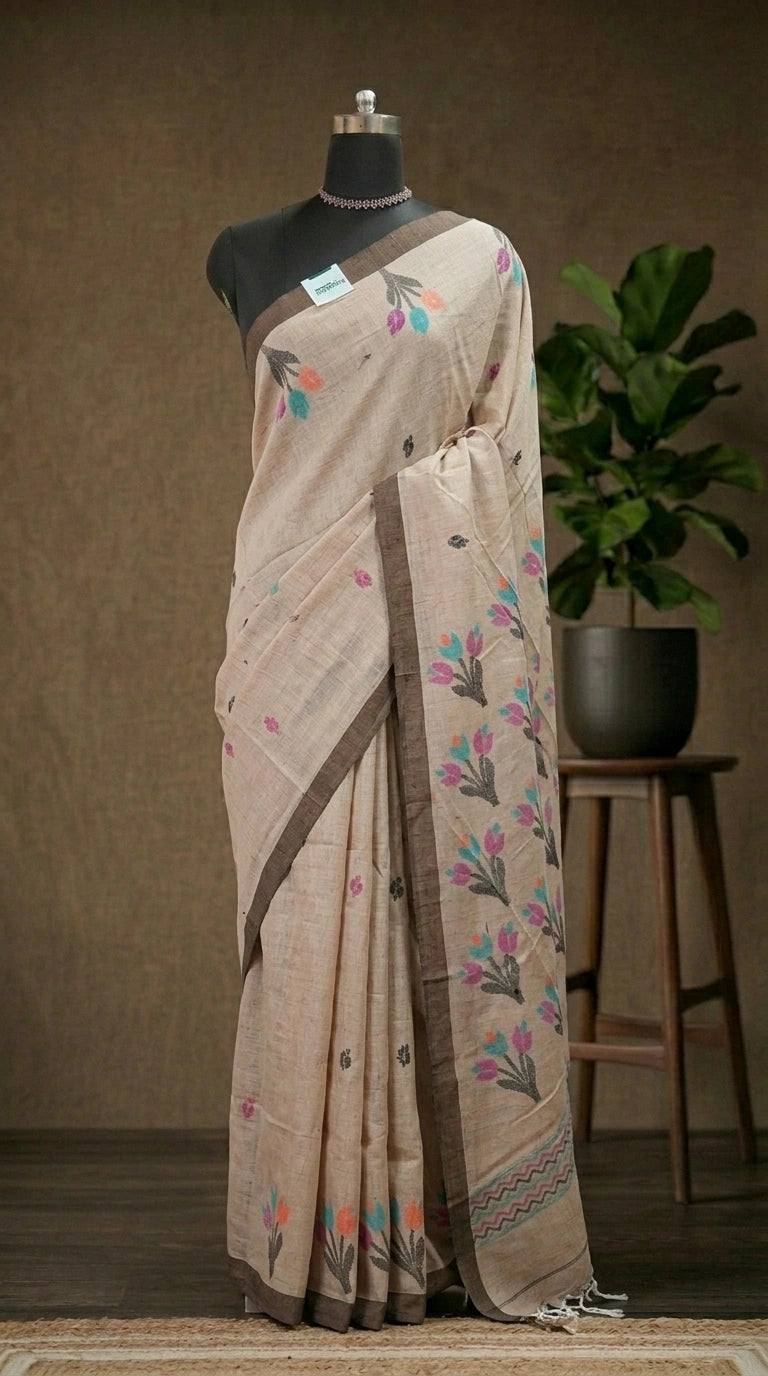 Classic Beige Khadi Cotton Saree