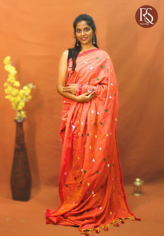 Pinkish orange Khadi Cotton Saree