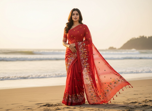 Candy Red Khadhi Cotton Saree