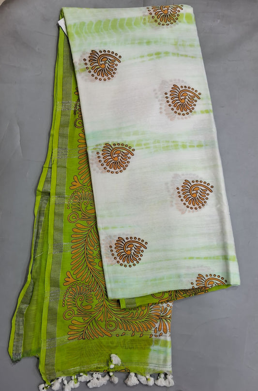 White with Leaf Green Shibori Khadhi Cotton Saree