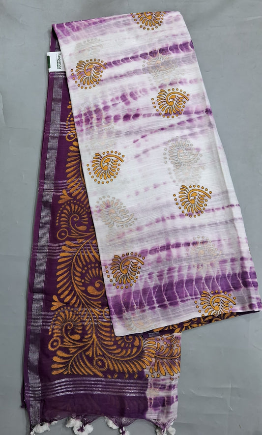 White with Purple Shibori Khadhi Cotton Saree