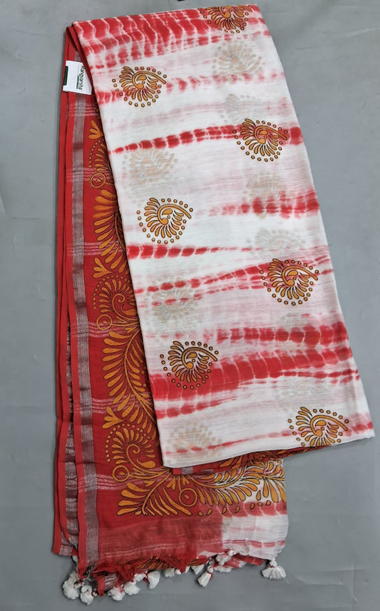 White with Fire Red Shibori Khadhi Cotton Saree