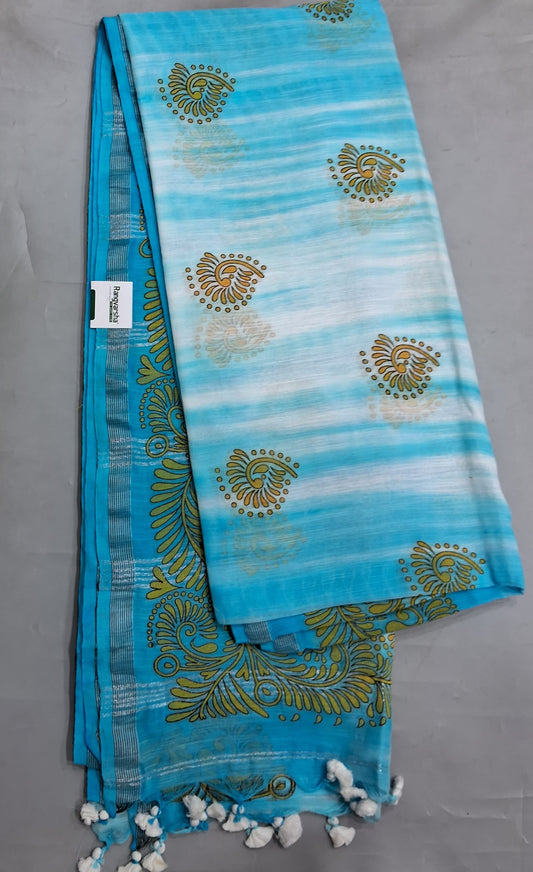 White with Sky Blue Shibori Khadhi Cotton Saree