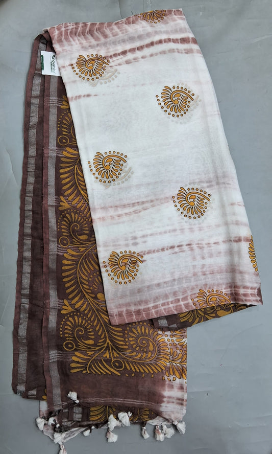 White with Mocha Brown Shibori Khadhi Cotton Saree