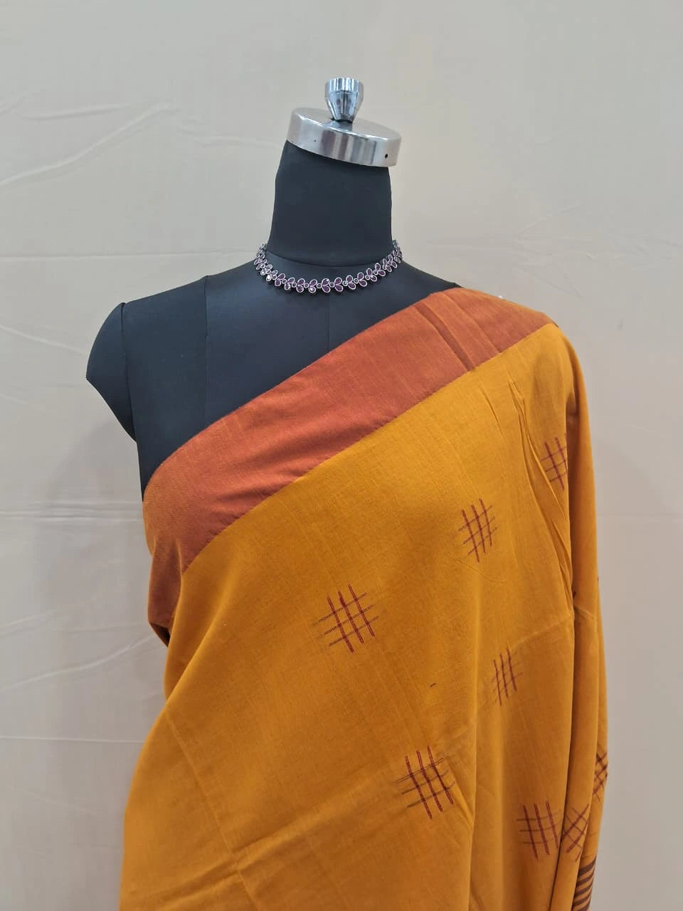 Mango Yellow Khadhi Cotton Saree with Red Woven Motifs 1