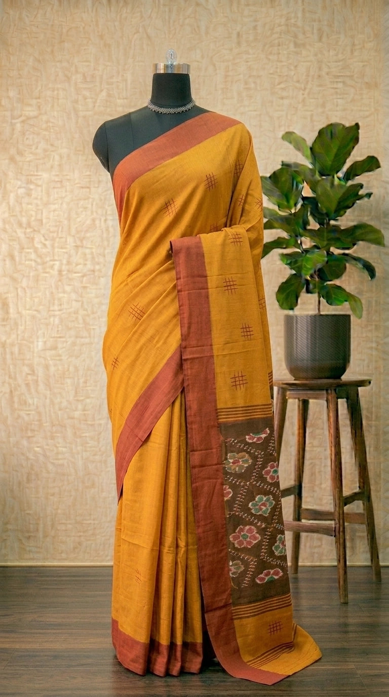 Mango Yellow Khadhi Cotton Saree with Red Woven Motifs