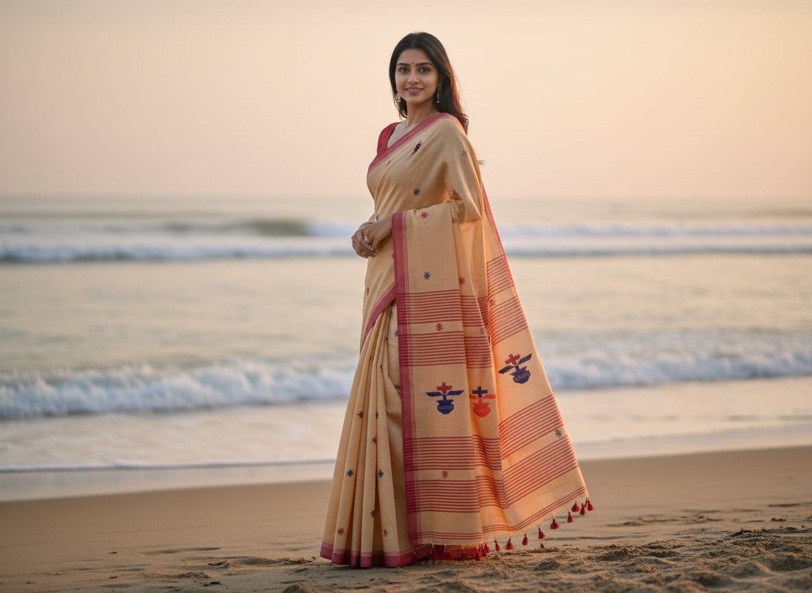 Beige Khadhi Cotton Saree