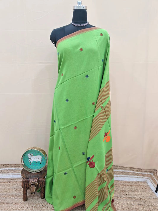 Parrot Green Khadhi Cotton Saree