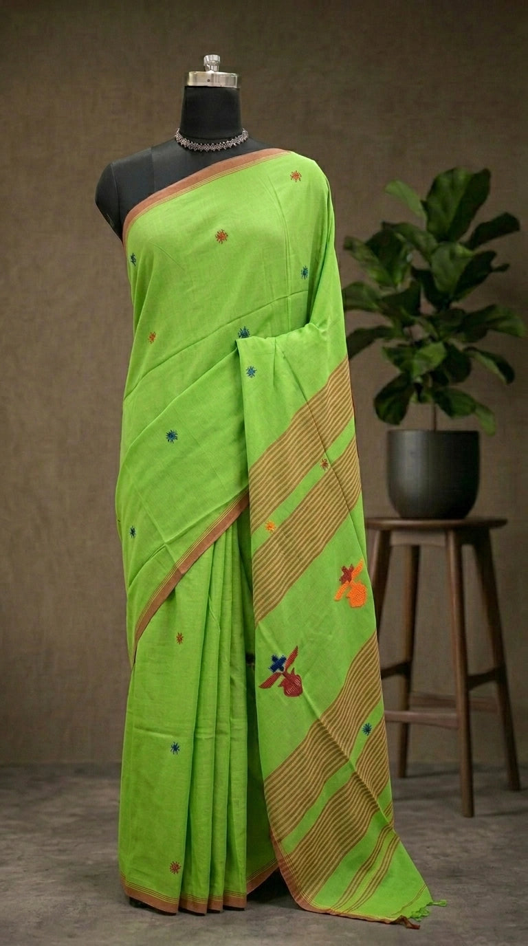 Parrot Green Khadhi Cotton Saree