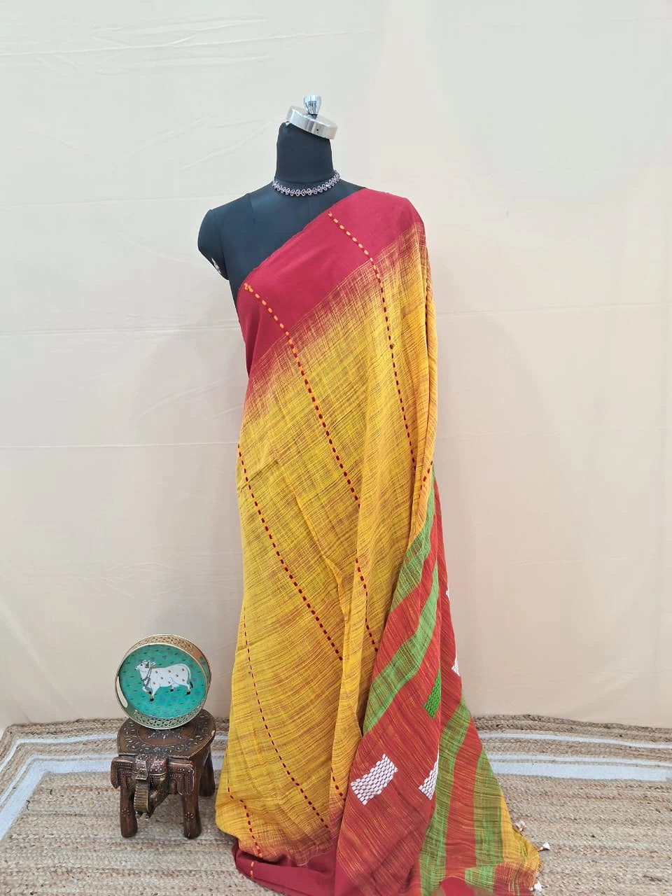 Yellow and maroon shaded Khadhi Cotton Saree 