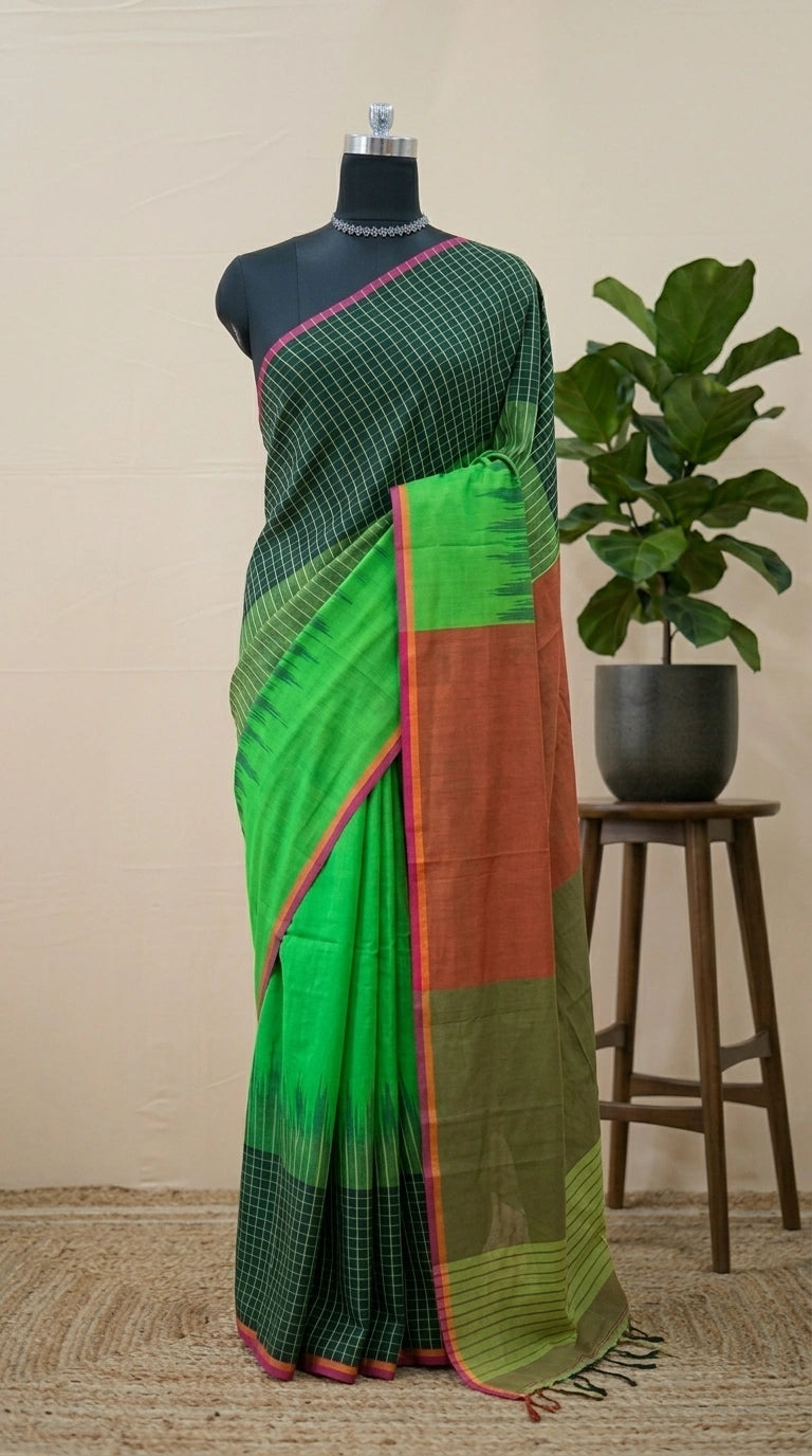 Bright Green Khadhi Cotton Saree
