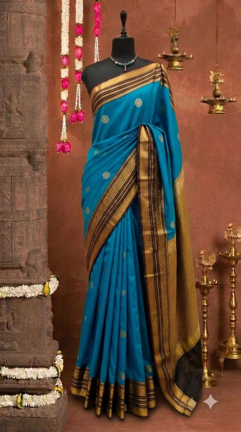 Deep Sky Blue Kanchi Soft Silk Saree 