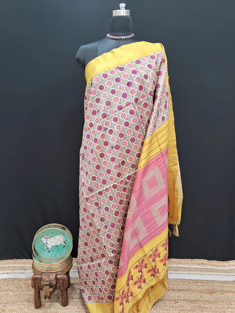 Grey Tussar Saree with ajrakh print with yellow zari border