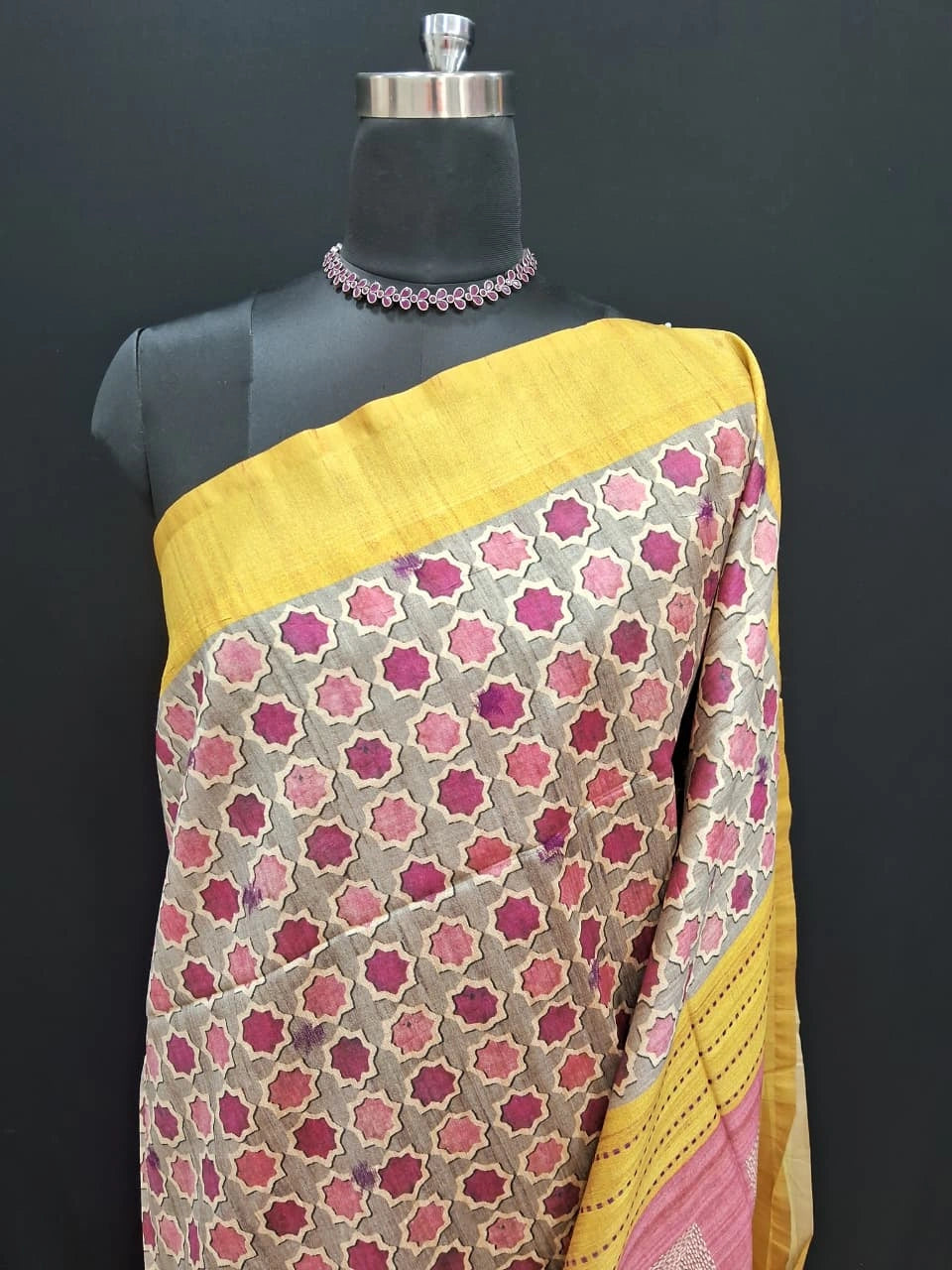 Grey Tussar Saree with ajrakh print with yellow zari border 1