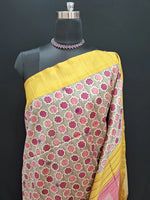 Grey Tussar Saree with ajrakh print with yellow zari border 1