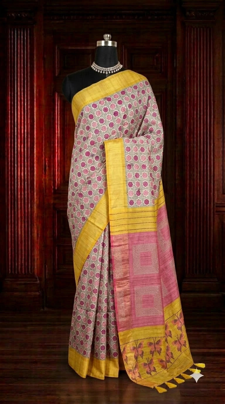Grey Tussar Saree with ajrakh print with yellow zari border