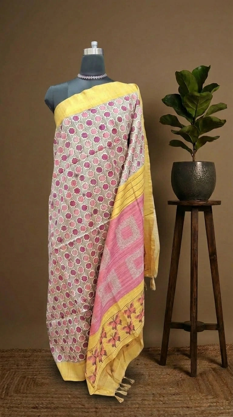 Grey Tussar Saree with ajrakh print with yellow zari border