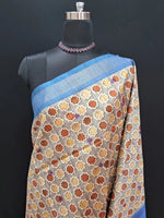 Grey Tussar Saree with ajrakh print with blue zari border 1