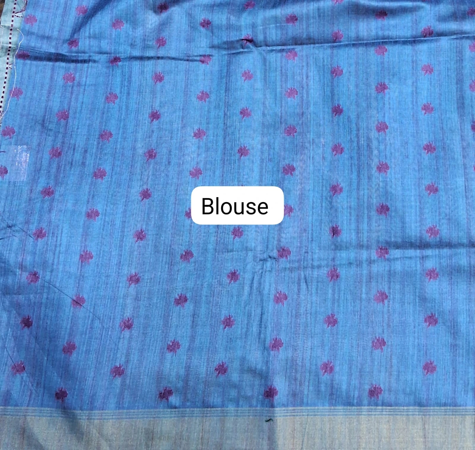 Grey Tussar Saree with ajrakh print with blue zari border blouse