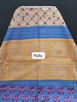 Grey Tussar Saree with ajrakh print with blue zari border pallu
