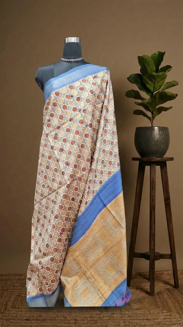 Grey Tussar Saree with ajrakh print with blue zari border