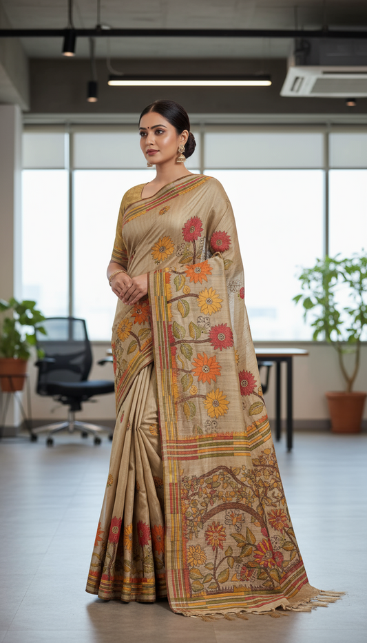 Beige Elegance Tussar Saree