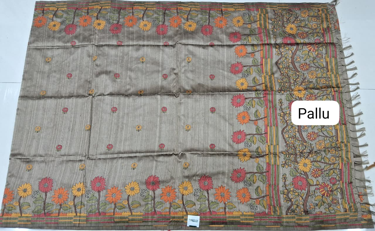 Sand Brown Floral Tussar Saree pallu
