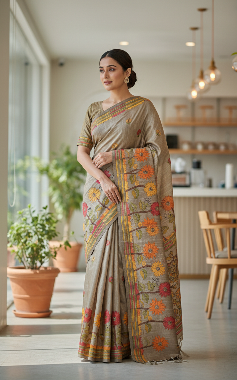 Sand Brown Floral Tussar Saree