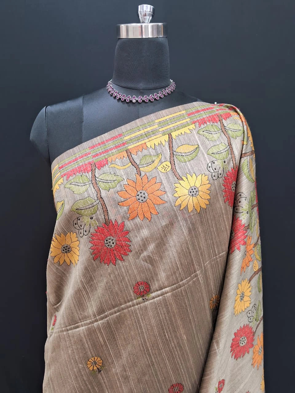 Sand Brown Floral Tussar Saree 1