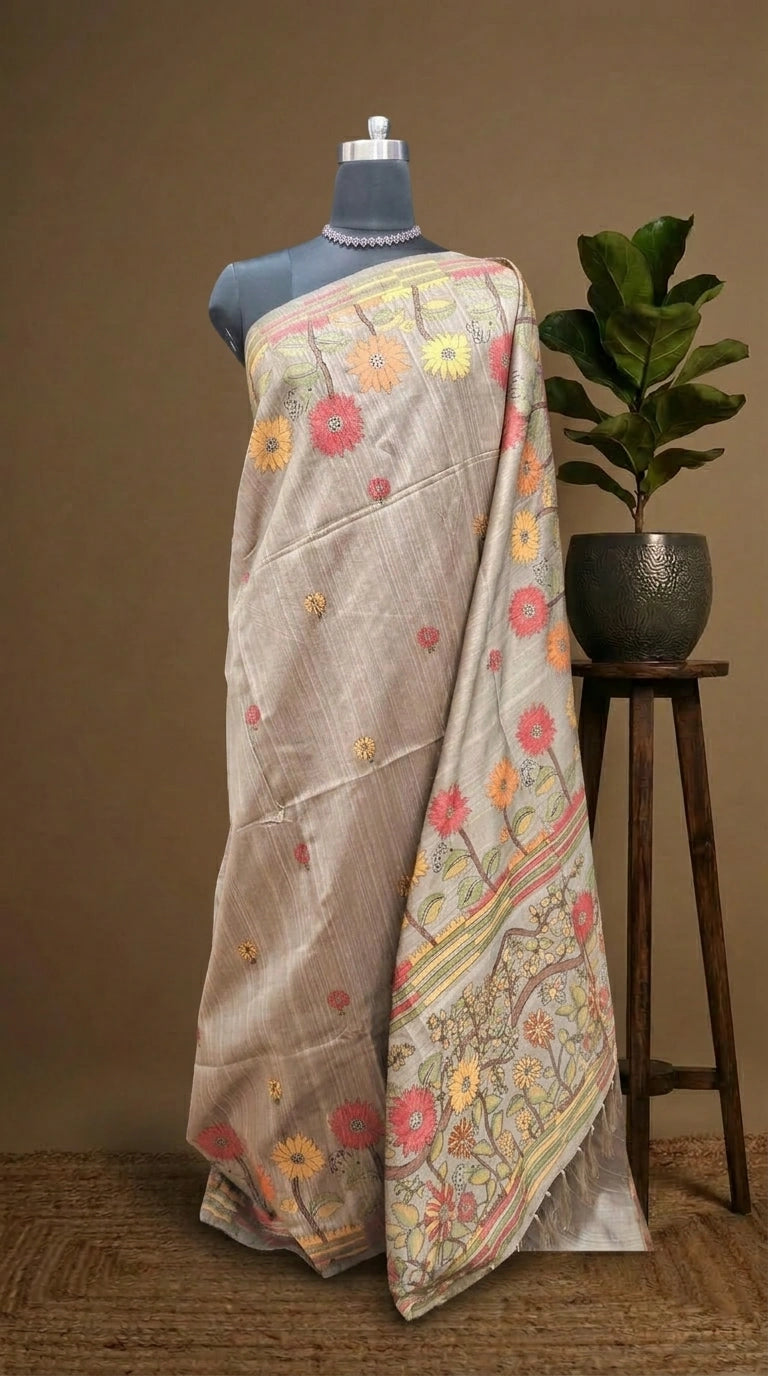 Sand Brown Floral Tussar Saree 