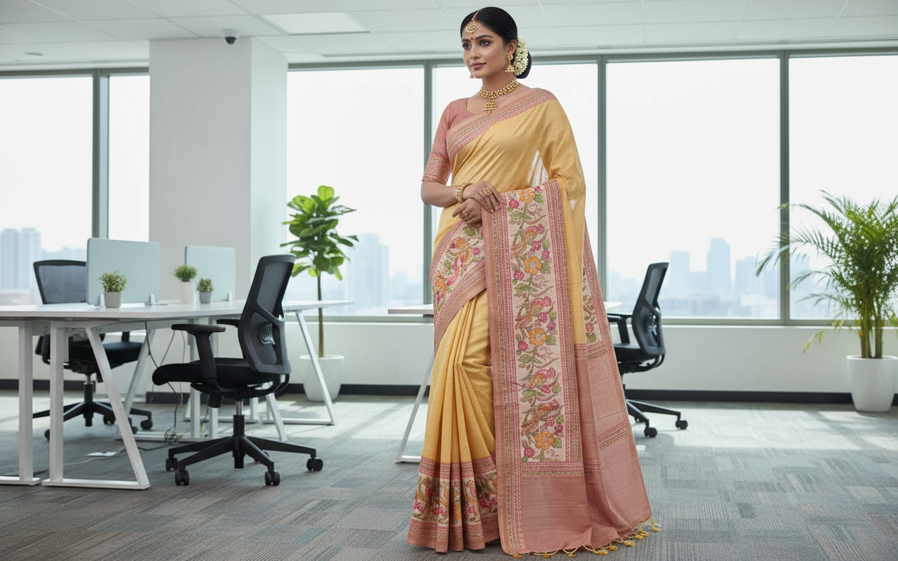 Yellow Tussar Silk Saree 