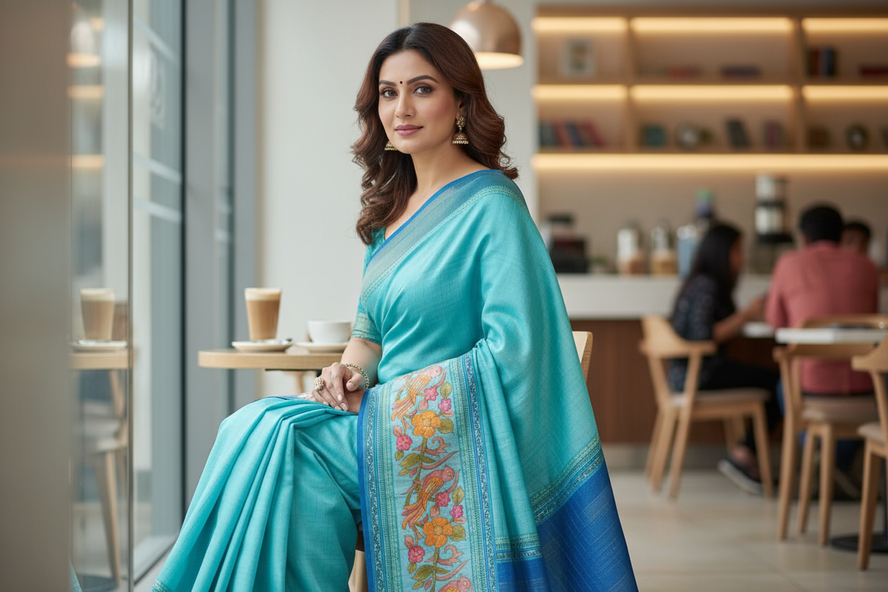 Aqua Blue Tussar Saree