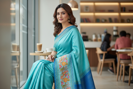 Aqua Blue Tussar Saree