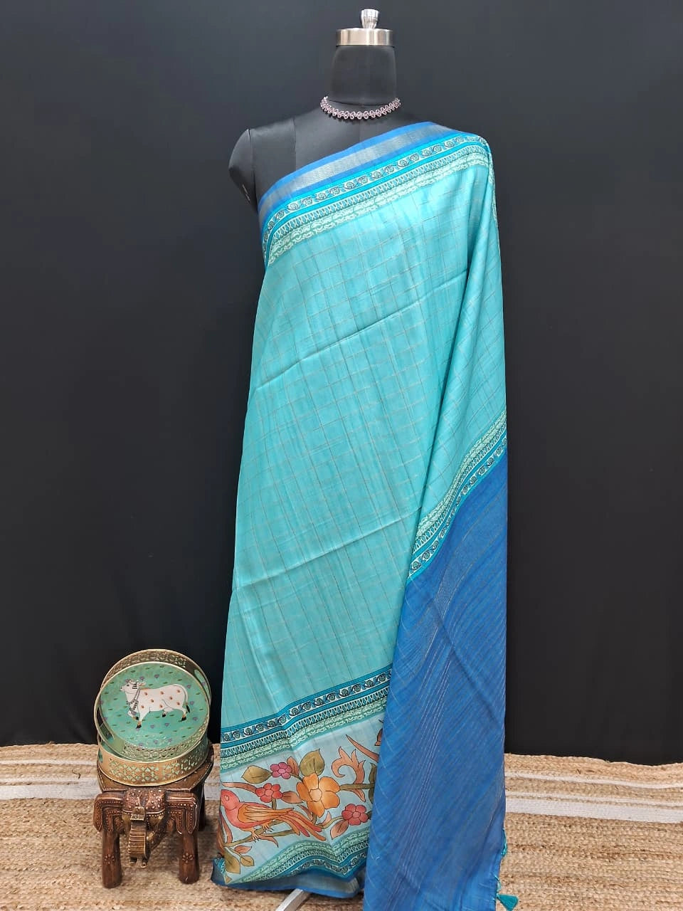Aqua Blue Tussar Saree for Festive Elegance