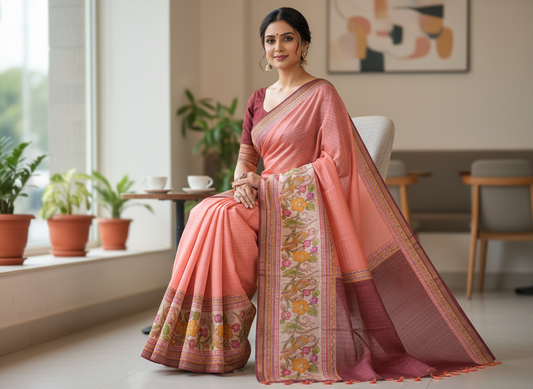 Peach Tussar Saree 