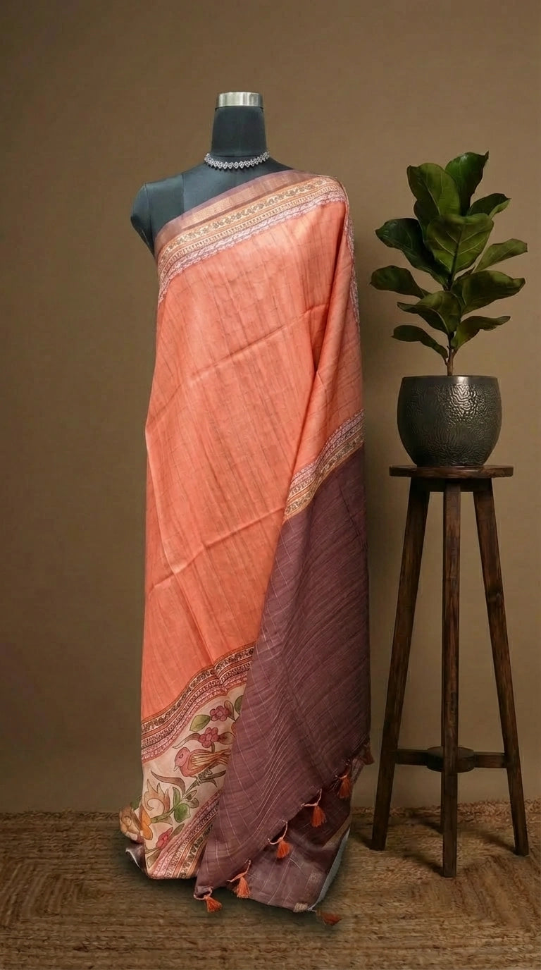 Peach Semi Tussar Saree with Multicolour Kalamkari Design