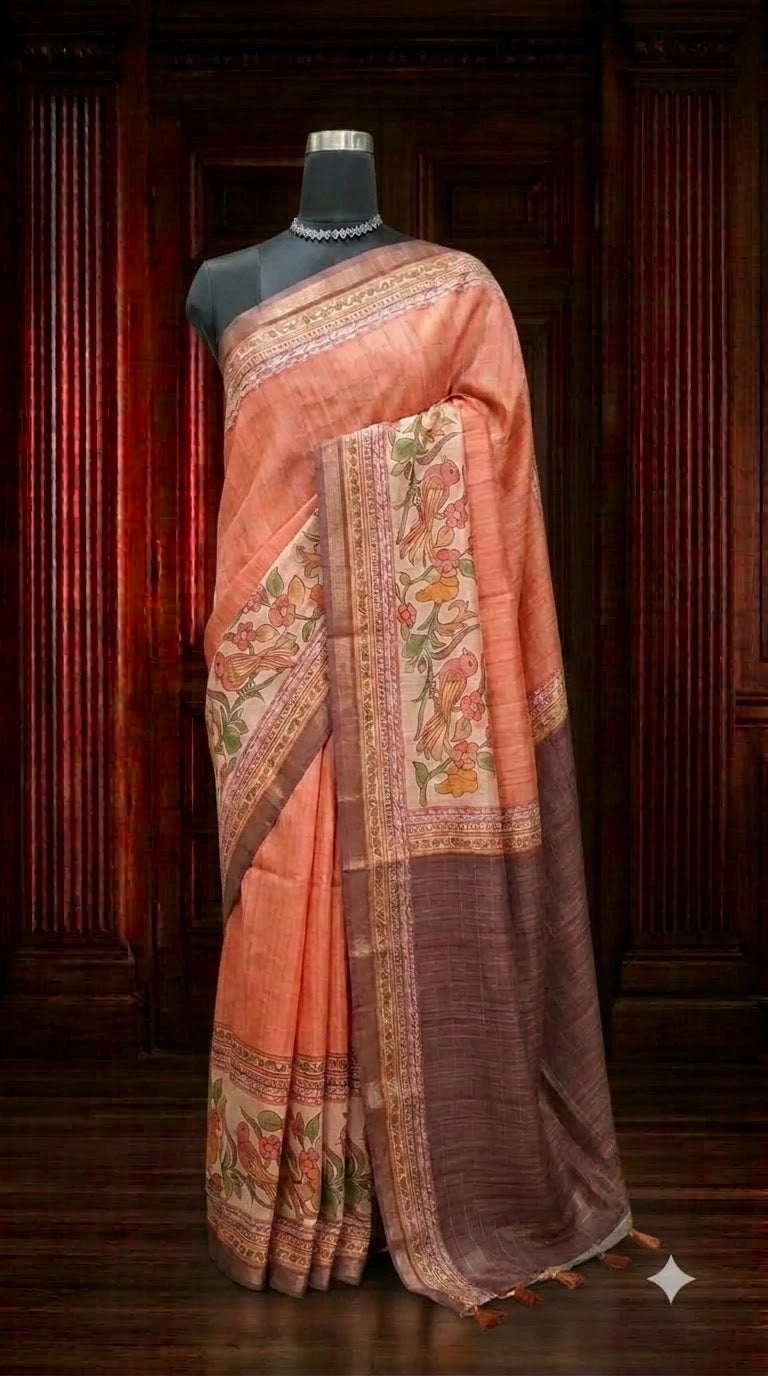 Peach Semi Tussar Saree with Multicolour Kalamkari Design