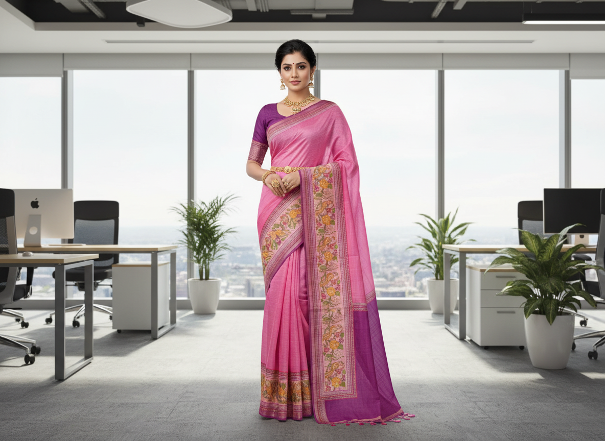 Rose Pink Tussar Saree 