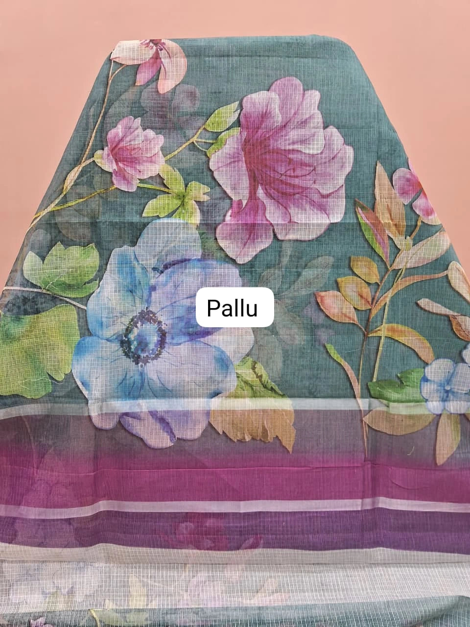 Elegant teal blue Cotton Kota saree pallu
