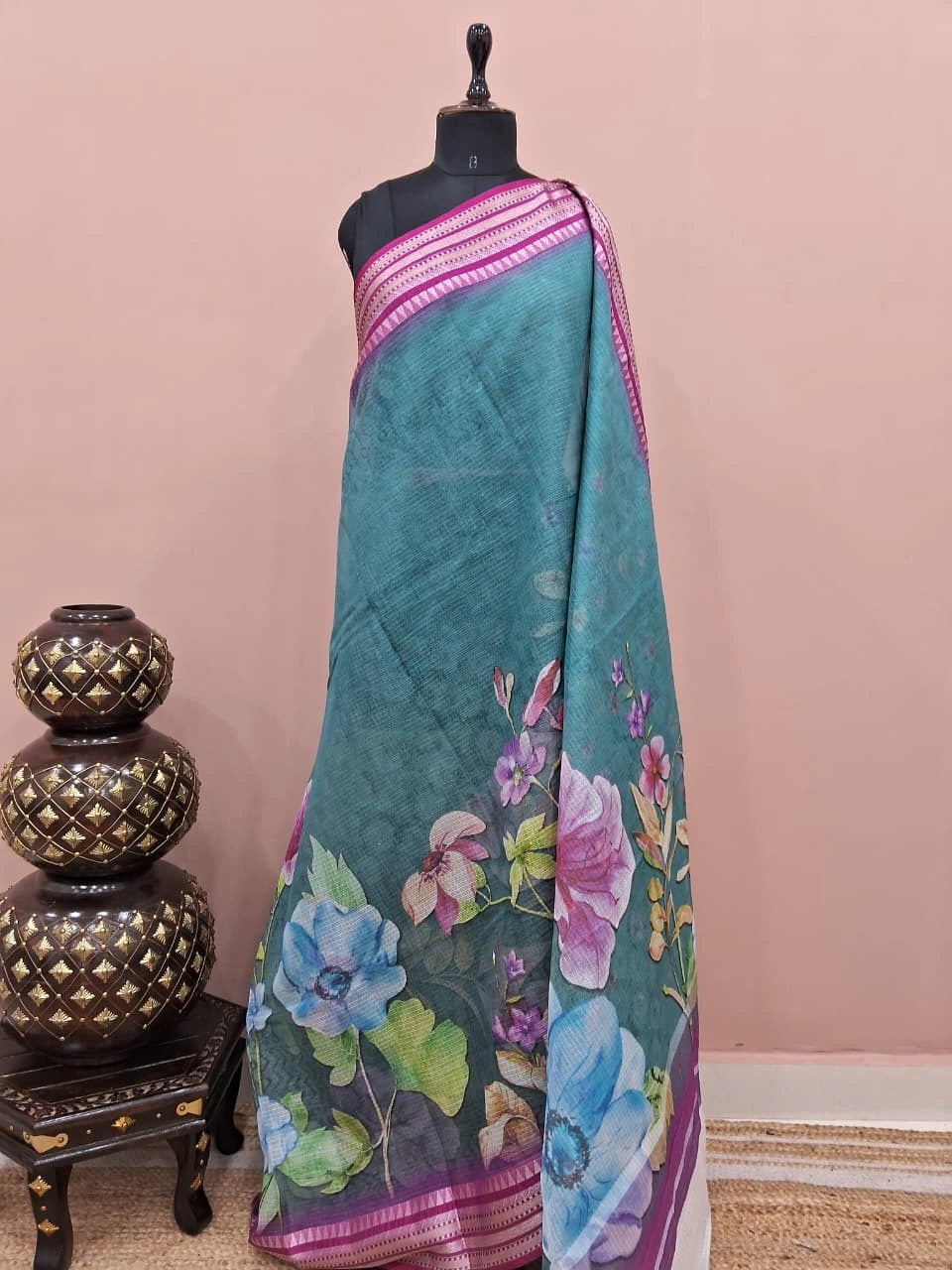 Elegant teal blue Cotton Kota saree 