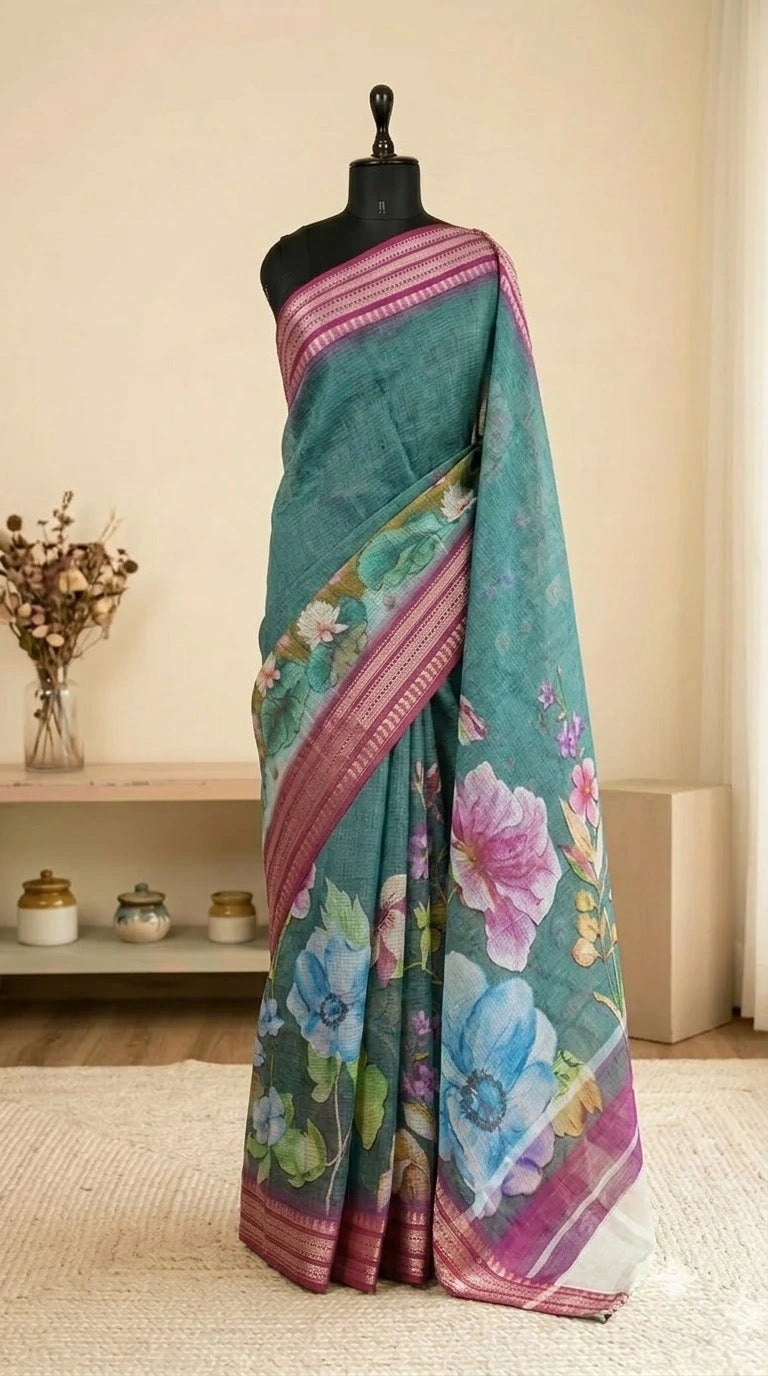 Elegant teal blue Cotton Kota saree 