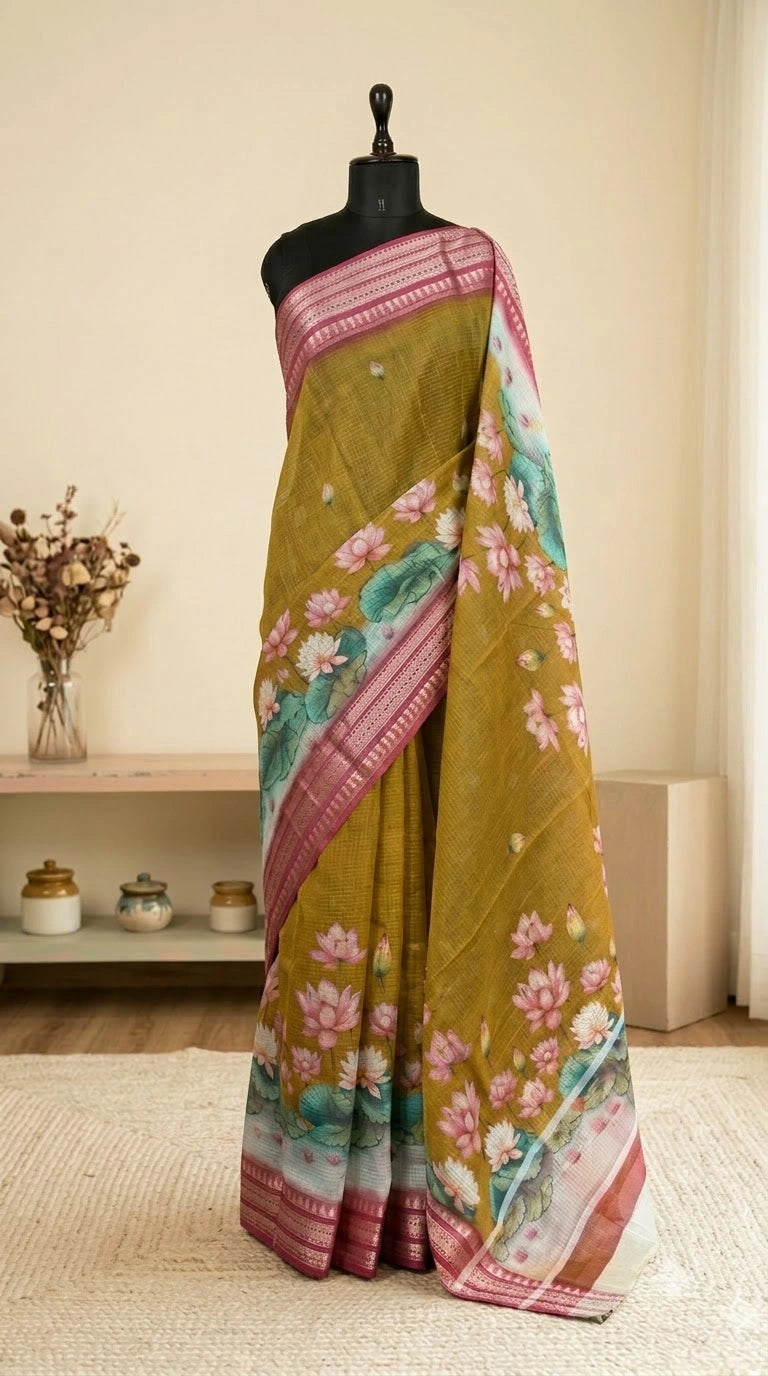Elegant olive green Cotton Kota saree