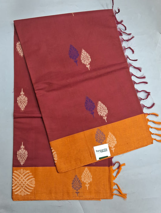 Brick red Korvai Kanchi Cotton Saree