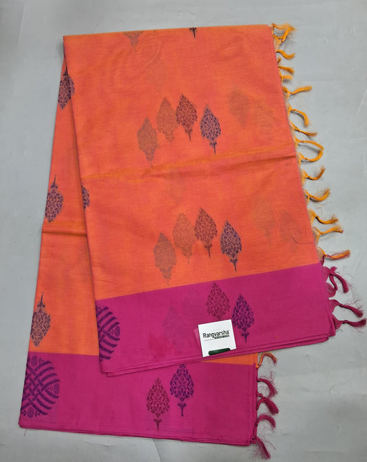 Dark Peach Korvai Kanchi Cotton Saree 