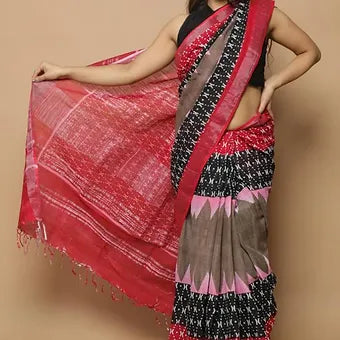 Greyish Brown Linen Saree