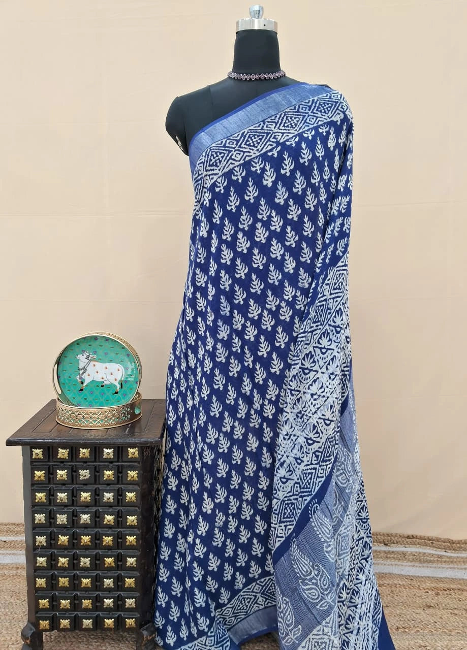 Handloom Indigo Blue Linen Cotton Saree