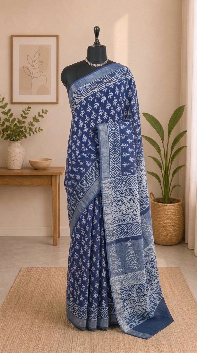 Handloom Indigo Blue Linen Cotton Saree