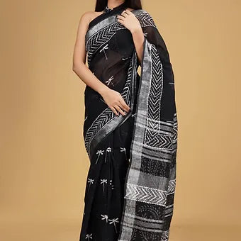 Modern Black Linen Cotton Saree